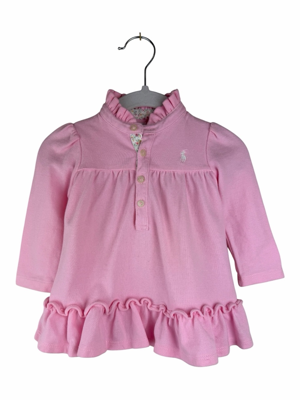 Ralph Lauren | Pink Pique Long Sleeve Ruffle Polo Dress Pony Logo | 6M